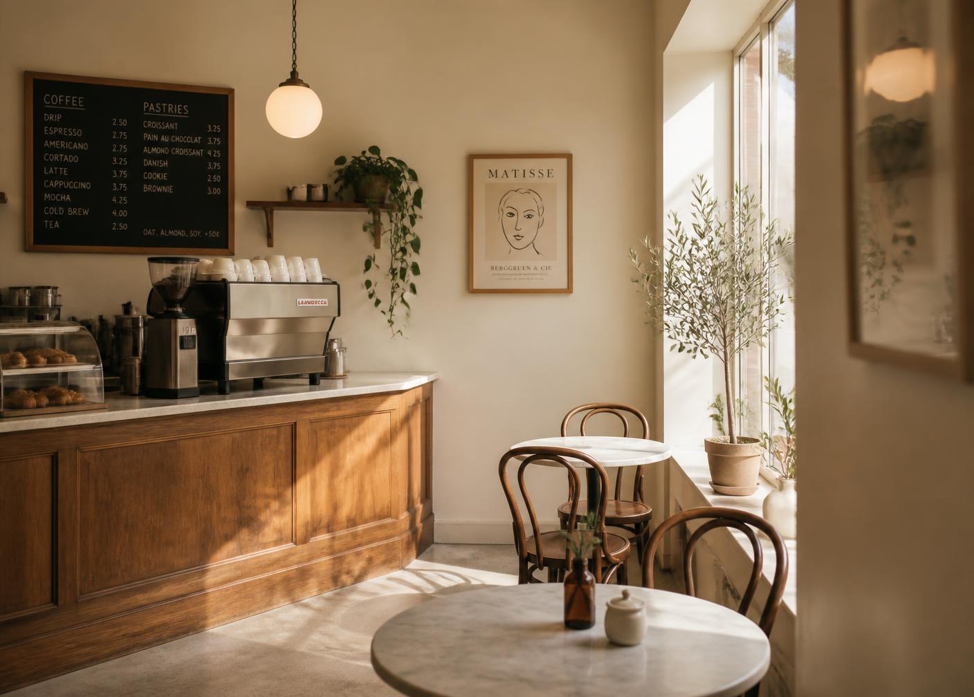 Warm cream café interior with a wooden counter and marble tables